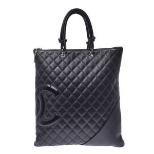 CHANEL Cambon Flat Tote Bag Black Lambskin